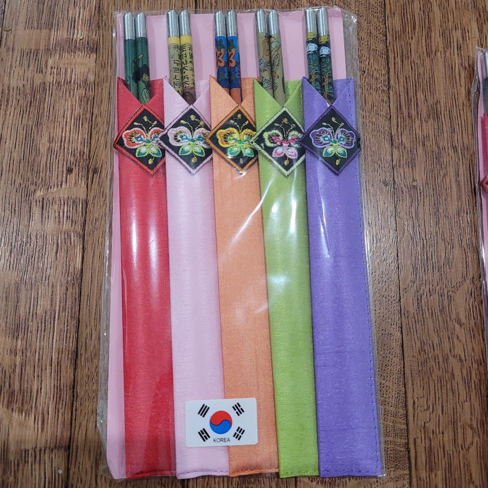 New Korean Stainless Chopsticks with embroidered cover a set of 5 chopsticks